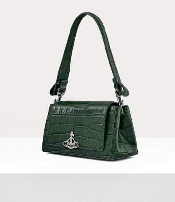 Vivienne Westwood HAZEL MEDIUM HANDBAG GREEN / croc embossed leather handbags / crocodile effect shoulder bags - flipped