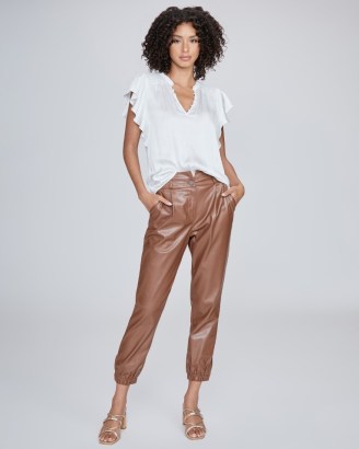 PAIGE High Rise Pleated Mayslie Jogger in Cognac Vegan Leather – women’s brown faux leather trousers – womens luxe style joggers - flipped