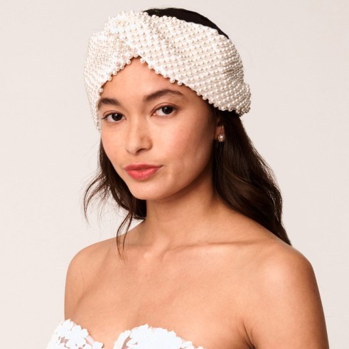 Lele Sadoughi IVORY ALL OVER PEARL HEAD WRAP | glamorous luxe style hair accessories | crossover top knot wraps with faux pearls