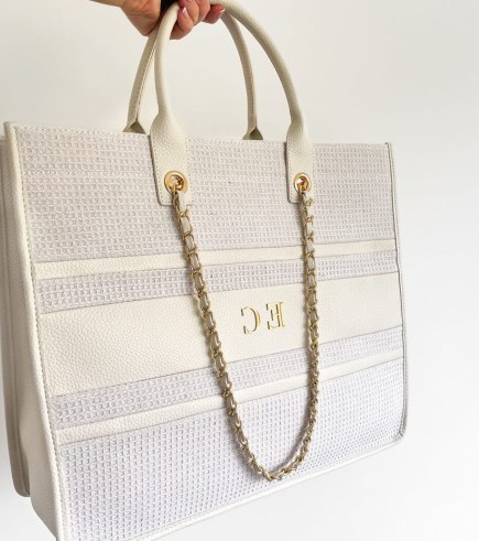 Abbott Lyon Ivory Waffle Resort Bag | personalised initial tote bags | initial embellished handbags - flipped