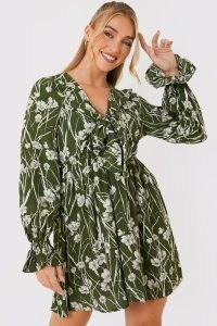 JAC JOSSA KHAKI FLORAL TIE FRONT DRESS – green celebrity inspired mini dresses – curve and petite fashion