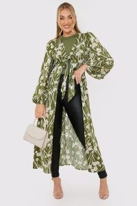 JAC JOSSA KHAKI FLORAL TIE FRONT DUSTER JACKET – women’s green flowing longline jackets ~ womens floaty coats ~ petite and curve celebrity inspired fashion