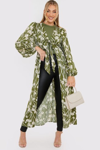 JAC JOSSA KHAKI FLORAL TIE FRONT DUSTER JACKET – women’s green flowing longline jackets ~ womens floaty coats ~ petite and curve celebrity inspired fashion - flipped