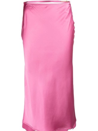 Jacquemus logo-plaque strap-detail skirt in pink | slinky strappy waist satin finish midi skirts | strap waistband | side slit hem | FARFETCH - flipped