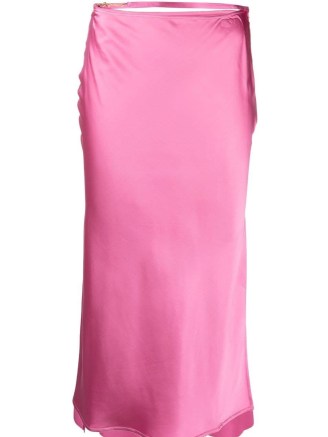 Jacquemus logo-plaque strap-detail skirt in pink | slinky strappy waist satin finish midi skirts | strap waistband | side slit hem | FARFETCH