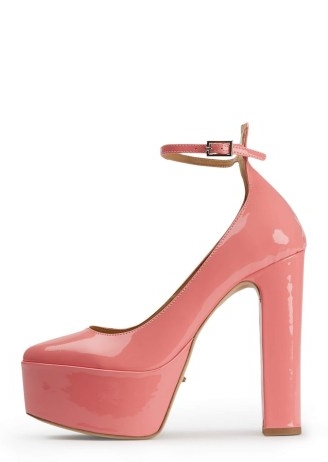 TONY BIANCO Jaguar Floss Patent 14cm Heels – shiny pink leather platforms – glossy high block heel platform shoes – ankle strap pumps