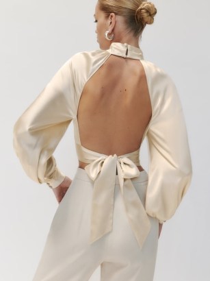 Reformation Julia Silk Top in Ivory ~ chic open back tops ~ luxe tie detail blouses - flipped