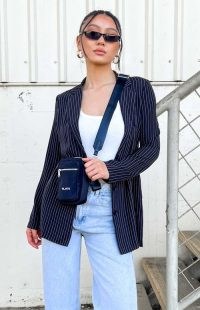 BEGINNING BOUTIQUE Kaitlin Black Pinstripe Blazer – women’s striped oversized blazers