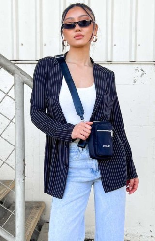 BEGINNING BOUTIQUE Kaitlin Black Pinstripe Blazer – women’s striped oversized blazers - flipped
