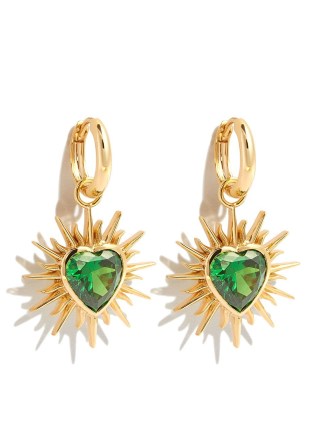 Kamushki 18kt yellow gold Flaming Heart quartz earrings | green stone hearts | spiked pendant drops - flipped