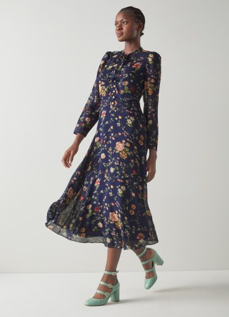 L.K. BENNETT Keira Navy Camelia Print Silk Georgette Midi Dress / dark blue tie neck dresses / women’s floral fashion / floaty sheer overlay clothes