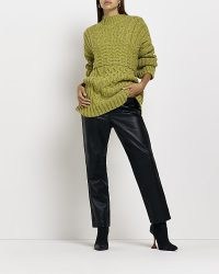 RIVER ISLAND KHAKI OVERSIZED CABLE JUMPER ~ women’s green high neck drop shoulder jumpers ~ autumn colours for womens knitwear