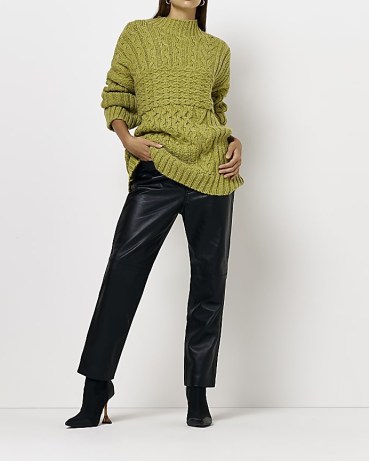 RIVER ISLAND KHAKI OVERSIZED CABLE JUMPER ~ women’s green high neck drop shoulder jumpers ~ autumn colours for womens knitwear - flipped