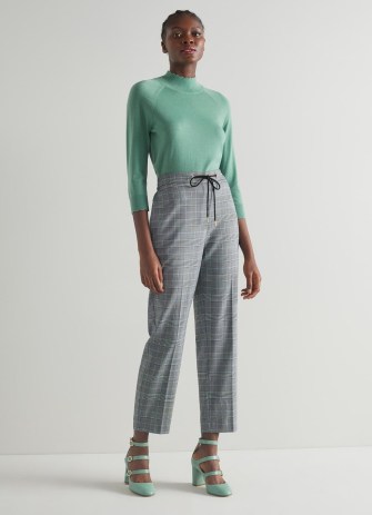 L.K. BENNETT Kristen Grey Prince Of Wales Check Drawstring Trousers / women’s smart checked jogger style pants - flipped