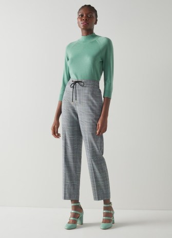 L.K. BENNETT Kristen Grey Prince Of Wales Check Drawstring Trousers / women’s smart checked jogger style pants