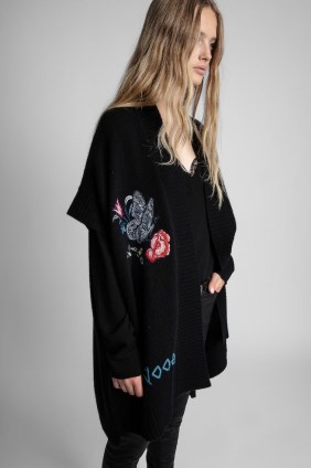 Zadig and Voltaire Indiany Cashmere Cardigan in Noir | black floral and butterfly embroidered open front cardigans | women’s designer knitwear - flipped
