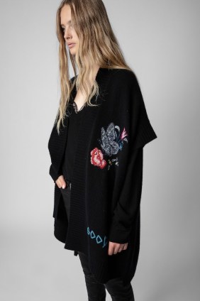 Zadig and Voltaire Indiany Cashmere Cardigan in Noir | black floral and butterfly embroidered open front cardigans | women’s designer knitwear