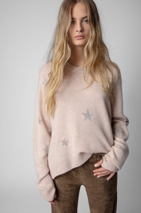 Zadig and Voltaire Markus Stars Cashmere Jumper in Blush | women’s luxe crystal embellished star jumpers | womens light pink relaxed fit sweaters | beautiful slouchy knits | drop shoulder detail - flipped