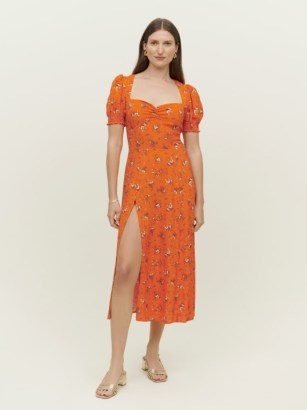 Reformation Lacey Dress in August / orange floral print sweetheart neckline dresses / high slit hem / fitted ruched bodice / short puffed sleeves / puff sleeve fashion - flipped
