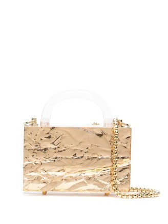 L’AFSHAR Leon Crushed Ice gold clutch bag | small luxe evening box bags | semi transparent acrylic occasion handbags | glamorous party accessories | FARFETCH
