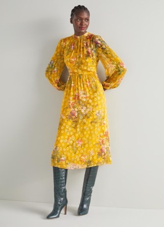 L.K. BENNETT Leandra Yellow Camelia Print Silk Devoré Midi Dress / long sleeved floral print sheer overlay dresses / burnout occasion clothes - flipped