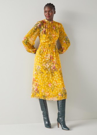 L.K. BENNETT Leandra Yellow Camelia Print Silk Devoré Midi Dress / long sleeved floral print sheer overlay dresses / burnout occasion clothes