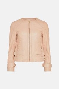 KAREN MILLEN Black Leather Buckle Detail Biker Jacket in Off White ~ womens collarless quilted panel jackets ~ luxe casual outerwear