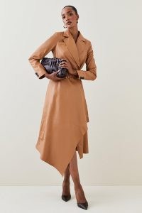 KAREN MILLEN Leather Collared Drape Hem Coat in Camel ~ luxe outerwear ~ luxury asymmetric light-brown belted coats