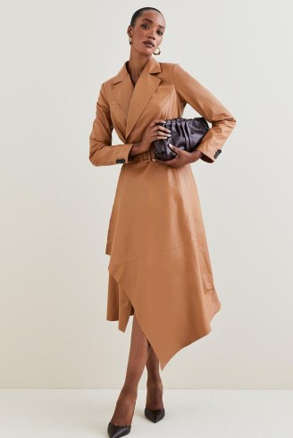 KAREN MILLEN Leather Collared Drape Hem Coat in Camel ~ luxe outerwear ~ luxury asymmetric light-brown belted coats - flipped