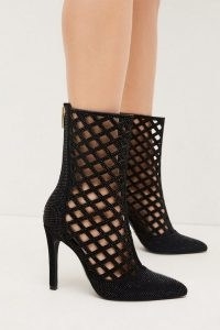KAREN MILLEN Leather Embellished Caged Ankle Boot in Black ~ glamorous cut out boots ~ stiletto heel booties