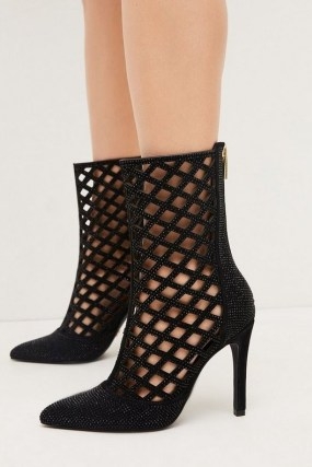 KAREN MILLEN Leather Embellished Caged Ankle Boot in Black ~ glamorous cut out boots ~ stiletto heel booties - flipped