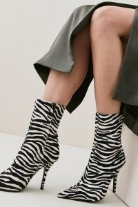 KAREN MILLEN Leather Zebra Heeled Ankle Boot in Mono ~ monochrome animal print boots ~ pointed toe ~ stiletto heel ~ glamorous footwear