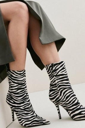 KAREN MILLEN Leather Zebra Heeled Ankle Boot in Mono ~ monochrome animal print boots ~ pointed toe ~ stiletto heel ~ glamorous footwear - flipped