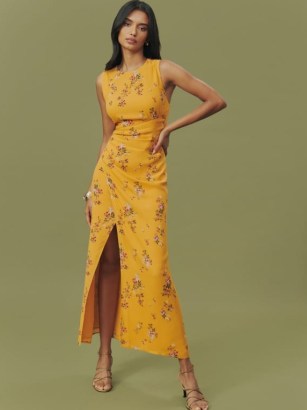 Reformation Ledger Dress in Sancerre | sleeveless floral print slim fitting occasion dresses | asymmetrical underbust seam detail | thingh high split hem - flipped