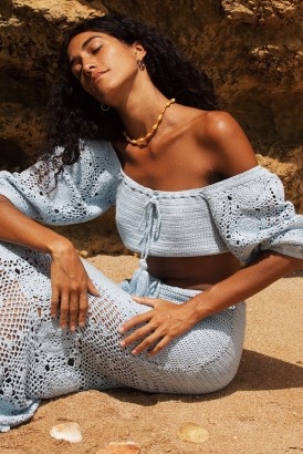 SPELL LET THE SUNSHINE IN CROCHET TOP Dusty Blue ~ cropped off the shoulder boho tops ~ bardot neckline ~ knitted bohemian fashion ~ feminine vintage style clothes ~ crop hem - flipped