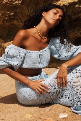 SPELL LET THE SUNSHINE IN CROCHET TOP Dusty Blue ~ cropped off the shoulder boho tops ~ bardot neckline ~ knitted bohemian fashion ~ feminine vintage style clothes ~ crop hem