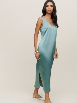 Reformation Lian Silk Dress in Verdigris | blue-green wide shoulder strap slip dresses | luxe silk fashion | side slit hem - flipped