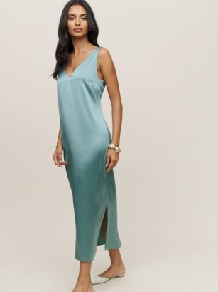 Reformation Lian Silk Dress in Verdigris | blue-green wide shoulder strap slip dresses | luxe silk fashion | side slit hem