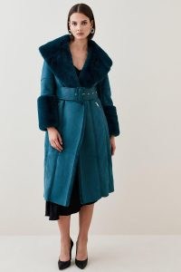 KAREN MILLEN Teal Long Mock Shearling Belted Coat in Teal ~ jewel tone winter coats ~ faux fur outerwear