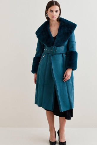 KAREN MILLEN Teal Long Mock Shearling Belted Coat in Teal ~ jewel tone winter coats ~ faux fur outerwear - flipped