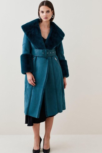 KAREN MILLEN Teal Long Mock Shearling Belted Coat in Teal ~ jewel tone winter coats ~ faux fur outerwear