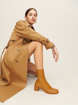 Reformation Louie Stretch Sock Bootie in Nutmeg / light brown block heel booties / women’s nappa leather snug fit boots / autumn fashion essentials - flipped