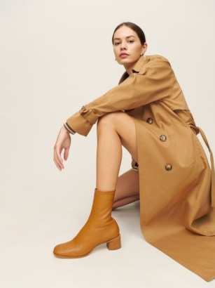 Reformation Louie Stretch Sock Bootie in Nutmeg / light brown block heel booties / women’s nappa leather snug fit boots / autumn fashion essentials