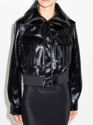 LVIR glossed faux-leather bomber jacket in black / women’s glossy front zip up jackets / FARFETCH / womens trendy outerwear - flipped
