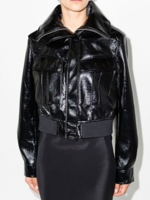 LVIR glossed faux-leather bomber jacket in black / women’s glossy front zip up jackets / FARFETCH / womens trendy outerwear