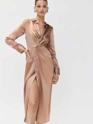 Reformation Lyon Silk Dress in Croissant ~ luxe wrap style midi length shirt dresses ~ chic silky clothes ~ keyhole back detail ~ sophisticated fashion - flipped