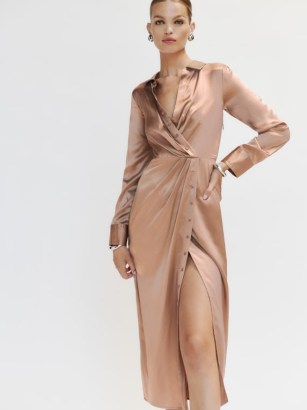Reformation Lyon Silk Dress in Croissant ~ luxe wrap style midi length shirt dresses ~ chic silky clothes ~ keyhole back detail ~ sophisticated fashion