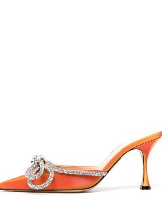 MACH & MACH 90mm crystal-embellished mules in orange / pointed toe mule sandals with crystals / glamorous evening heels / event glamour