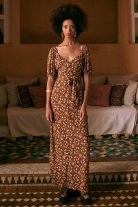 SPELL MADAME PEACOCK SWEETHEART DRESS COFFEE ~ brown floral bohemian inspired dresses ~ feminine boho fashion ~ multi tie waist belt