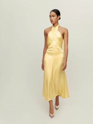 Reformation Maddison Silk Dress in Zest ~ yellow luxe halterneck occasion dresses ~ alternative wedding clothes ~ sophisticated event wear - flipped